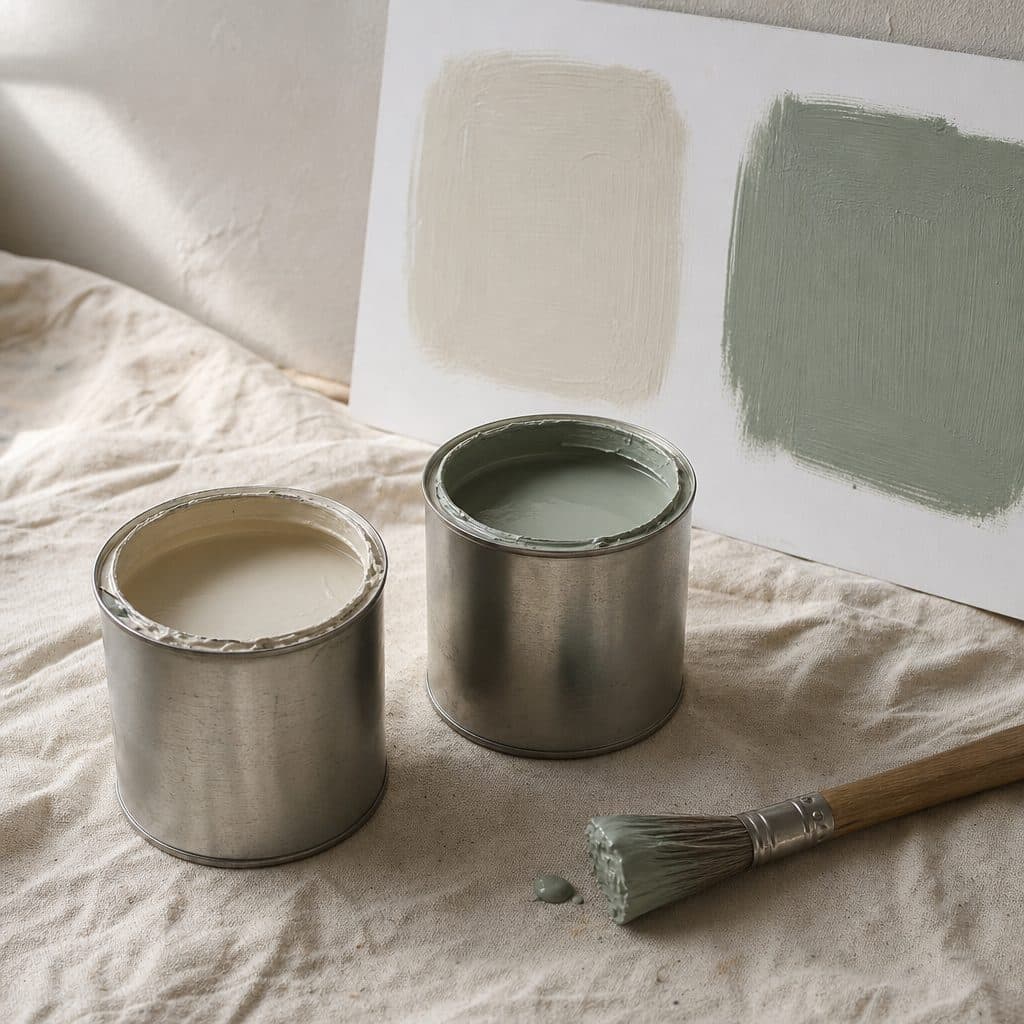 Two small open paint sample pots, one warm white and one muted green, with a brush on a canvas drop cloth, and a white board with two painted squares leaning on a bare wall in soft daylight