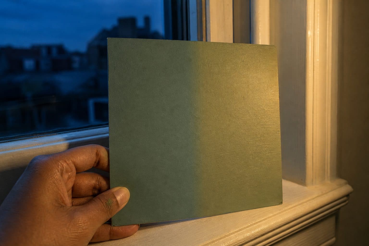 A hand holding a green paint sample board beside a white window frame at dusk, with warm lamp light on one side of the board and blue twilight outside