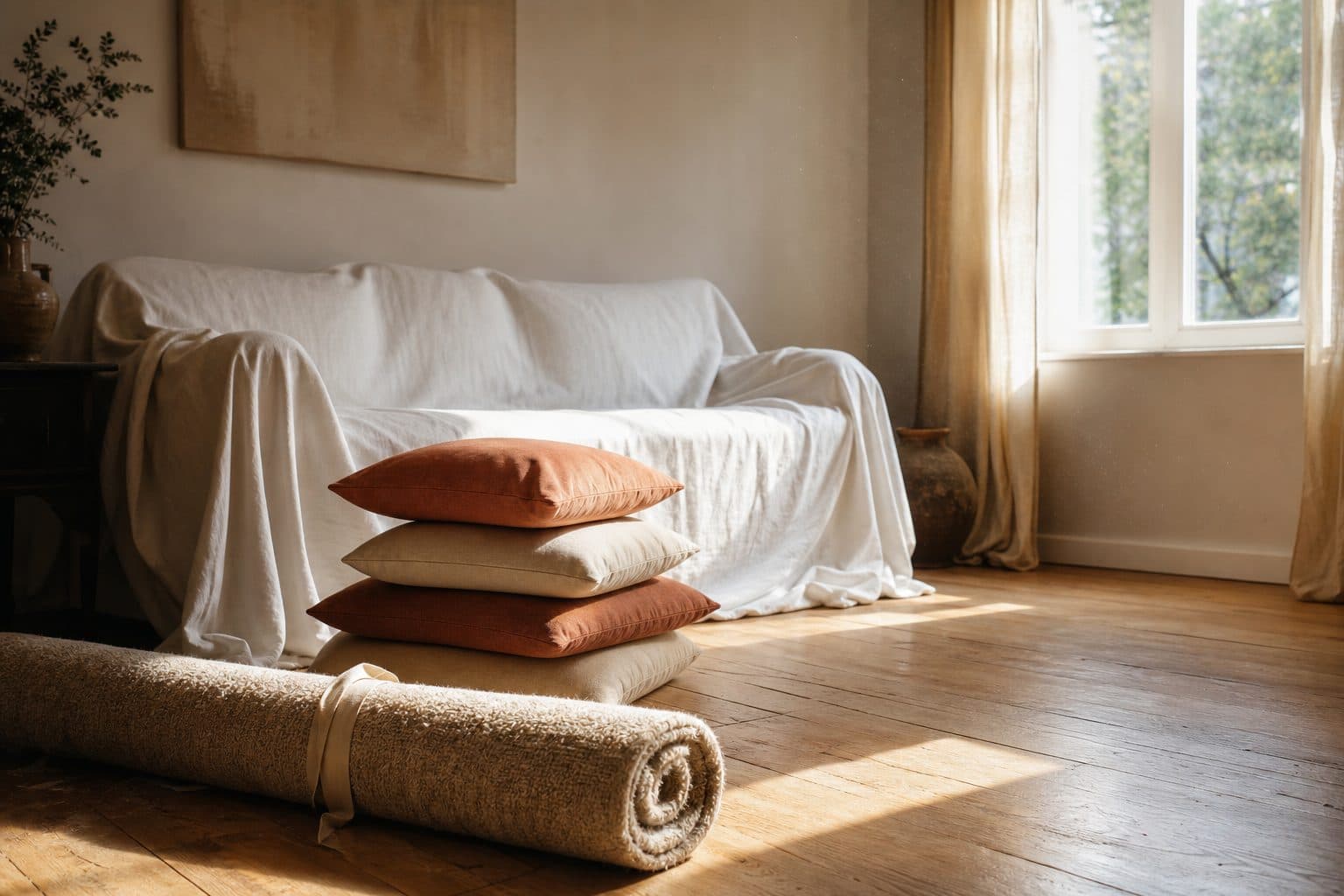 Renovate vs remodel vs refresh: a sunlit living room mid-change, with the sofa under a dust sheet, new cushions stacked on the floor and a rolled rug