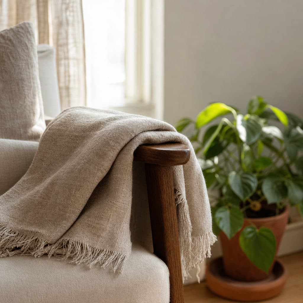 A linen throw draped over the arm of a wooden armchair beside a window, with a potted plant on the floor next to it