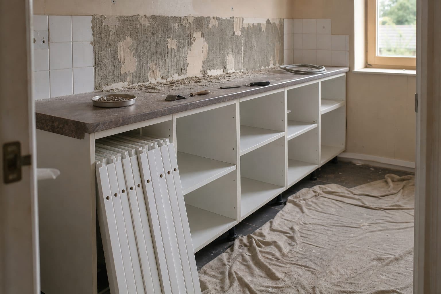 A kitchen with its cabinet doors removed and stacked, tools laid out on the worktop and a section of wall tiles taken off