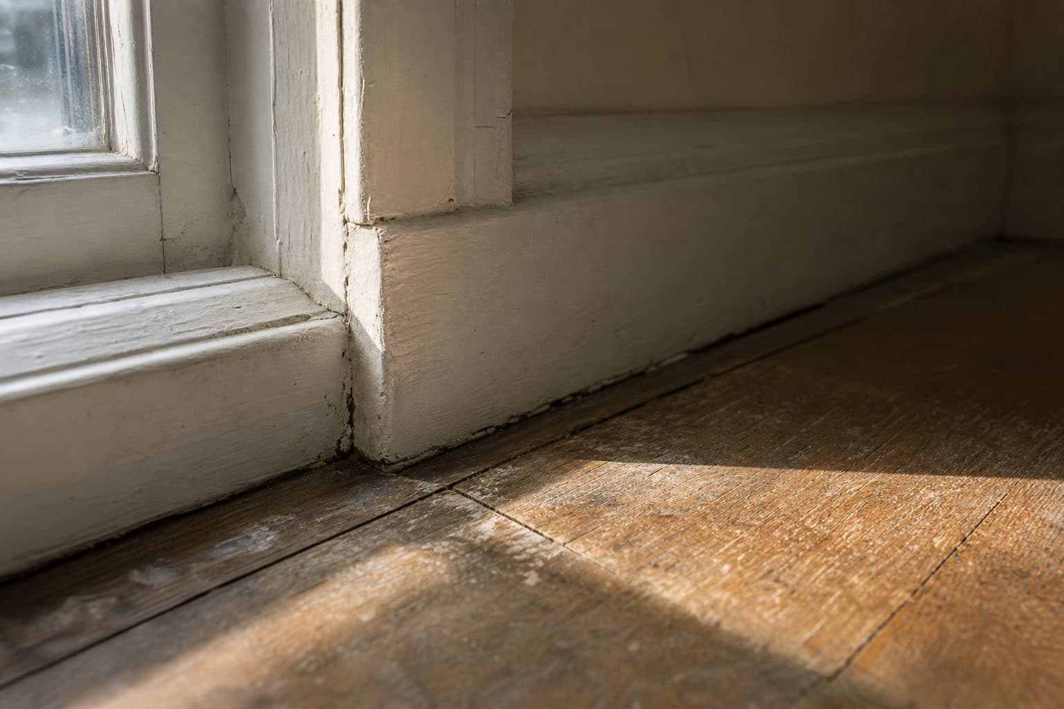 The lower corner of a painted timber window frame meeting a skirting board and worn oak floorboards in low raking sunlight